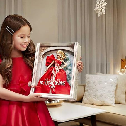 Barbie 2019 Holiday Doll, 11.5-inch, Blonde, Wearing Red and White Gown, with Doll Stand and Certificate of Authenticity