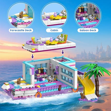 HOGOKIDS 3-in-1 Friends Airplane Building Toy Set - 808PCS Plane/Boat/Camper Van Building Toys with Cute 6 Mini Animals, Slide, Fun Accessories and Stickers, Birthday Gifts for Girls Boys Age 8-12+