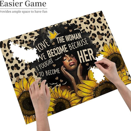 African American Jigsaw Puzzles 500 Pieces for Adults, Sunflower & Leopard Print Art, Black Woman Wooden Puzzle for Stress Relief, Challenging Brain Teaser & Home Decor