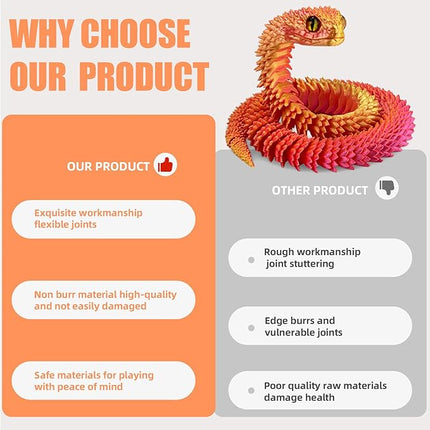20.2 Inch 3D Printed Snake Toys,3D Printed Animals,3D Printed Toys,3-D Print Articulated Viper Collectible for Home Office Executive Desk Decoration (Red)