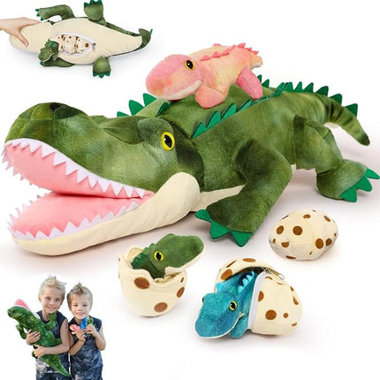 MorisMos Plush Alligator Stuffed Animal with Babies,23.6'' Mommy Stuffed Alligator with 3 Baby Crocodile Animals & 3 Plush Eggs,Lifelike Crocodile Toys for Kid 3-5 Birthday Decor