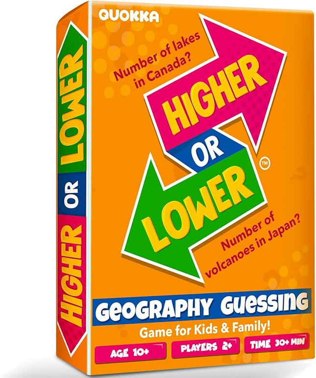 QUOKKA Trivia Board Games for Kids and Adults - Version V2.0 - Family Night Geography Games 4xSet Higher or Lower Trivia Cards | Guess Fun Questions | 2 + Players - Challenge Your Geography Knowledge
