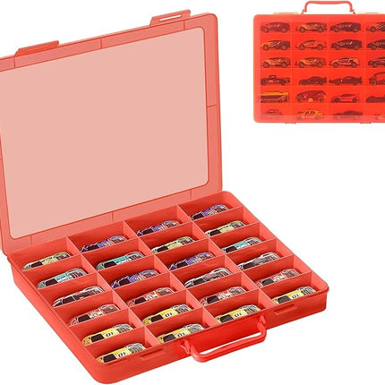 Toy Storage Organizer Case for Hot Wheels Car, for Matchbox Cars, for Mini Toys, for Small Dolls. Carrying Box Container Carrier with 24 Compartments (Box Only) (Red)