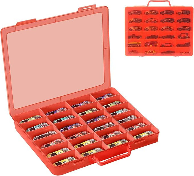 Toy Storage Organizer Case for Hot Wheels Car, for Matchbox Cars, for Mini Toys, for Small Dolls. Carrying Box Container Carrier with 24 Compartments (Box Only) (Red)