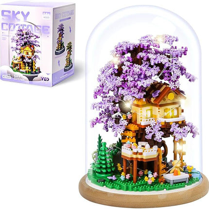 DIY Flower Building Toy Sets Miniature Cherry Blossom Tree House Building Kit, Purple & Yellow Sakura Flowers, Building Blocks Set for Adults & Girls - Bonsai Tree Model with Dust Cover