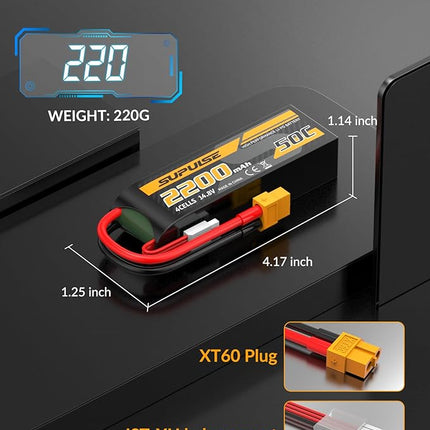 SUPULSE 4S Lipo Battery 14.8V 50C 2200mAh with XT60 Plug T Plug Soft Case Battery for RC Airplane Helicopter RC Boat RC Car Truck(2 Packs)