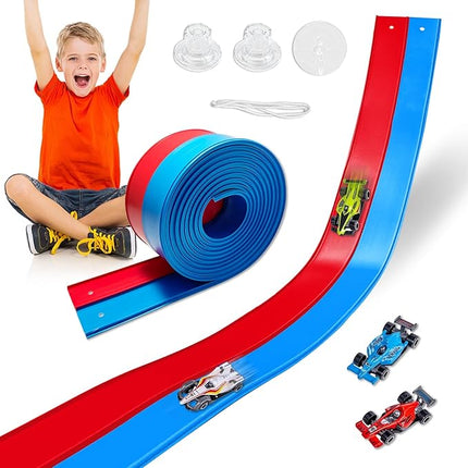 Flexible Race Track Toys for Kids, 15 Ft Double Lane Racetrack with 4 Cars & Suction Cups, Compatible with Hot Wheels & 1/64 Diecast Cars, Portable Roll Up Car Ramp Track Set for Ages 3+(Red & Blue)