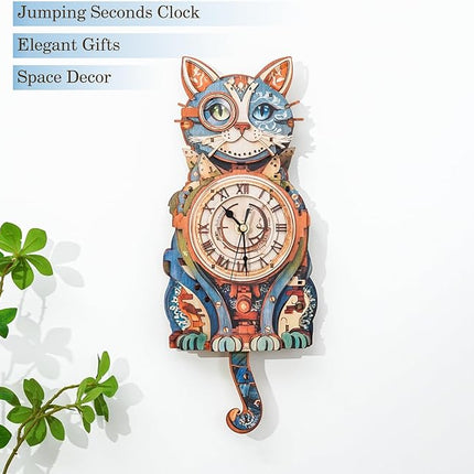 3D Wooden Puzzles for Adults Cat Clock - Model Building Kit Clock Puzzle Creative Craft Gift Home Deco for DIY Enthusiasts, Brain Teaser Building Set Birthday Gifts