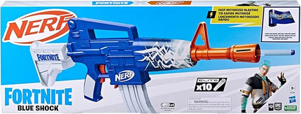 Nerf Fortnite Blue Shock Blaster, 10-Dart Clip, 10 Elite Nerf Darts, Includes Bonus Code to Unlock The Beat Wrap in The Game, Motorized Dart Blaster