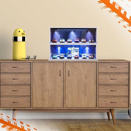 2 Pcs Display Case for Toy Car Garage with LED Light Stackable 1/64 Scale Diecast Toy Cars Garage for Maximum 58 Model Car Display and Storage(Depot)