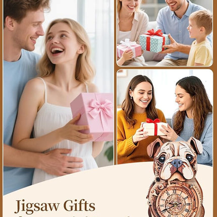 3D Wooden Puzzles for Adults, 3D Puzzles Bulldog Clock(with Pendulum) 32Pcs, Beginners Wooden Puzzle for Adults Teens Home Wall Decor Gift for Women Men