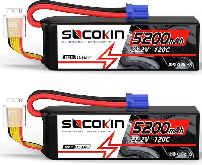 6S 5200mAh Lipo Battery 22.2V Lipo RC Battery with EC5 Connector Plug Soft Case for RC Car Airplane Quadcopter Helicopter Truck Boat Hobby (2 Packs)
