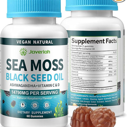 Vegan Ashwagandha Sea Moss Gummies - Black Seed Oil, Vitamin C&D for Immune Support, Digestive, Antioxidant 13 in 1 Bundle, Sea Moss Chlorophyll Advanced Strength Formula 2Pack 120 Gummies
