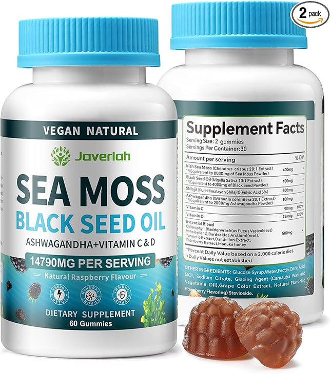 Vegan Ashwagandha Sea Moss Gummies - Black Seed Oil, Vitamin C&D for Immune Support, Digestive, Antioxidant 13 in 1 Bundle, Sea Moss Chlorophyll Advanced Strength Formula 2Pack 120 Gummies