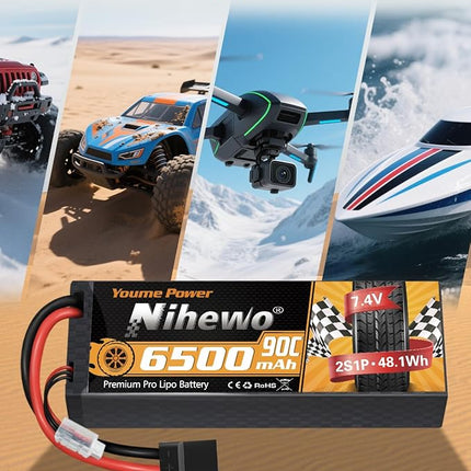 2S Lipo Battery 6500mAh 7.4V RC Battery 90C Hard Case with Tr + EC5 Plug Compatible with RC Car Truck Vehicles Truggy Buggy Boat Airplane Models