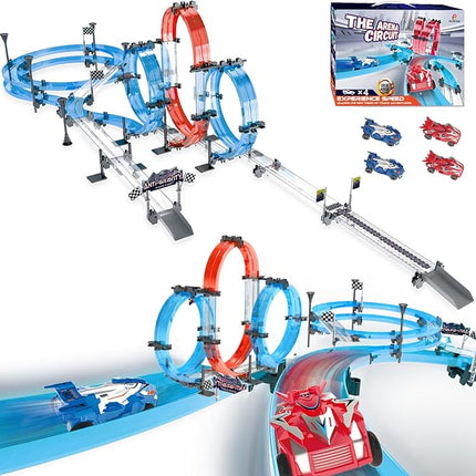 Toy Car Racer Track Set with 4 Pull-Back Cars, 360° Loops, Cross Overpass & Curves, High-Speed Racing Game Track for Boys Kids Birthday Gift Ages 6-12