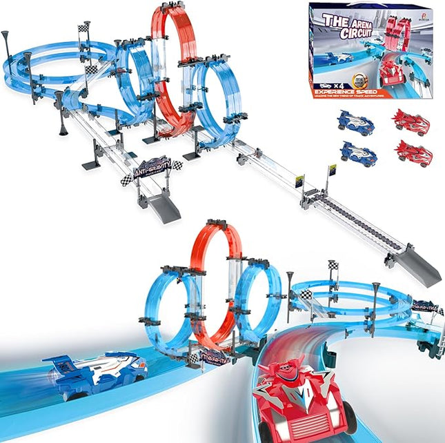 Toy Car Racer Track Set with 4 Pull-Back Cars, 360° Loops, Cross Overpass & Curves, High-Speed Racing Game Track for Boys Kids Birthday Gift Ages 6-12
