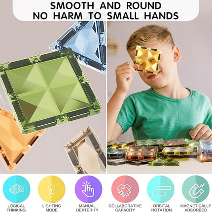 Deluxe Quality Magnetic Tiles Building Set with Attractive Reflective Pattern, LED Lights, Marble Run, and Cars - STEM Educational Toy for Creative Kids Girls Boys 3+ (87 pcs Ferris Wheel)