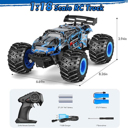 Remote Control Car, 1:18 Scale Rc Cars, All-Terrain RC Truck with LED Light, 20KM/H, Rechargeable, 2WD, 2.4GHz, Sturdy PVC Shell, Remote Control Truck for Boys 4-7 8-12, Beginner