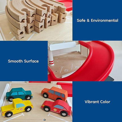 Toy Car Garage with Rails, Wooden Parking Garage Toy Playset w/Elevator, Toddler Race Car Ramp Track Toy Set with 4 Mini Cars for Old Boys and Girls Kids Ages 3+ Birthday Gift Christmas