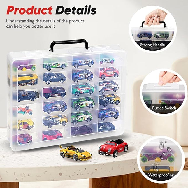 Toy Storage Organizer Case for Hot Wheels Car, for Matchbox Cars, for Mini Toys, for Small Dolls. Carrying Box Container Carrier with 24 Compartments (Box Only) (Transparent)