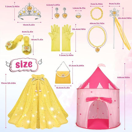 WTOR 15Pcs Princess Castle Play Tent Dress Up with LED Glow in The Dark Stars for Little Girls－Princess Dress Up Cape with Crown,Girl Play Tent/House Toy for Indoor & Outdoor Use (Yellow)