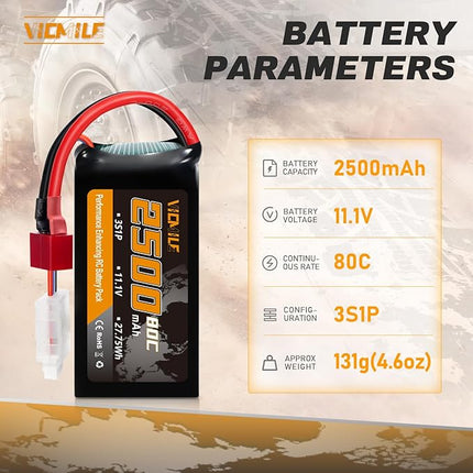 3S Lipo Battery 2500mAh 11.1V 80C High Discharge Rate Shorty Pack RC Batteries with Dean-Style T Fit for RC Airplane FPV Quadcopter Helicopter Drone and Racing RC Hobby Models High Capacity