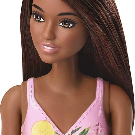 Barbie Fasshion Doll, Beach-Themed Brunette Wearing Pink & Yellow Floral Swimsuit