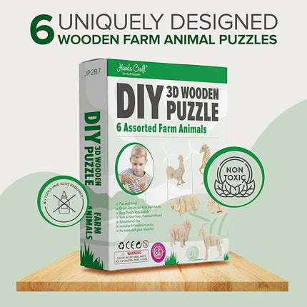 Hands Craft DIY 3D Wooden Puzzle – 6 Assorted Farm Animals Bundle Pack Set Brain Teaser Puzzles Educational STEM Toy Adults and Kids to Build Safe and Non-Toxic Easy Punch Out Premium Wood JP2B7
