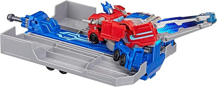Transformers EarthSpark Optimus Prime Battle Trailer Playset with Action Figure, Lights and Sounds, Electronic Truck Toys for Kids 6 and Up