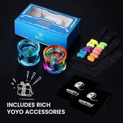 MAGICYOYO Pack of 2 Yoyos - K2 Responsive Yo-yo for Kids Beginners Yo Yo with 2 Yoyo Gloves, 2 Yo yo Bags, 12 Yo-yo Strings (Crystal Green+Blue Pink Yellow)