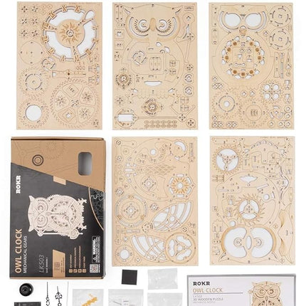 ROKR 3D Wooden Puzzles for Adults Owl Clock - Mechanical Model Building Kit DIY Hobbies for Men Women 161PCS Clock Puzzle Creative Craft Gift Home Decor for Family