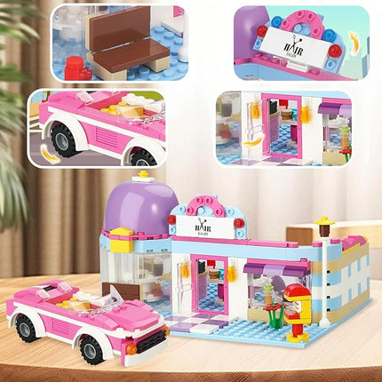 BRICK STORY Girls Friends Hair Salon Building Kit with 2 Mini People 5 Dolls Hair Pretend Play Set for Kids 358 Pieces with a Pink Convertible Car Gift Idea for Birthday for Girls Age 6-12 8-12