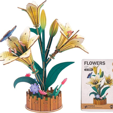 3D Wooden Flower Puzzles for Adults Lily, DIY Artificial Flower Building Set Wooden Bloom Craft Kits Home Decoration, for Women Mom Birthday Thanksgiving Christmas Valentine's Day