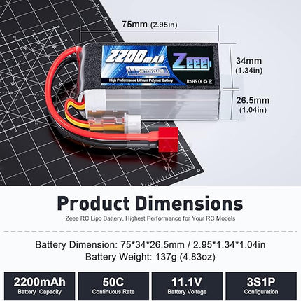 Zeee 3S Lipo Battery 2200mAh 11.1V 50C Shorty Pack Battery with T Connector for RC Car Truck Vehicles RC Boat RC Drone Airplane Quadcopter Helicopter FPV RC Hobby Models (2 Pack)