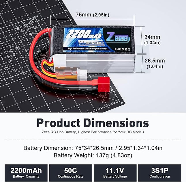 Zeee 3S 2200mAh Shorty Pack Lipo Battery 11.1V 50C Battery with T Connector for RC Car Truck Vehicles RC Boat RC Drone Airplane Quadcopter Helicopter FPV RC Hobby Models