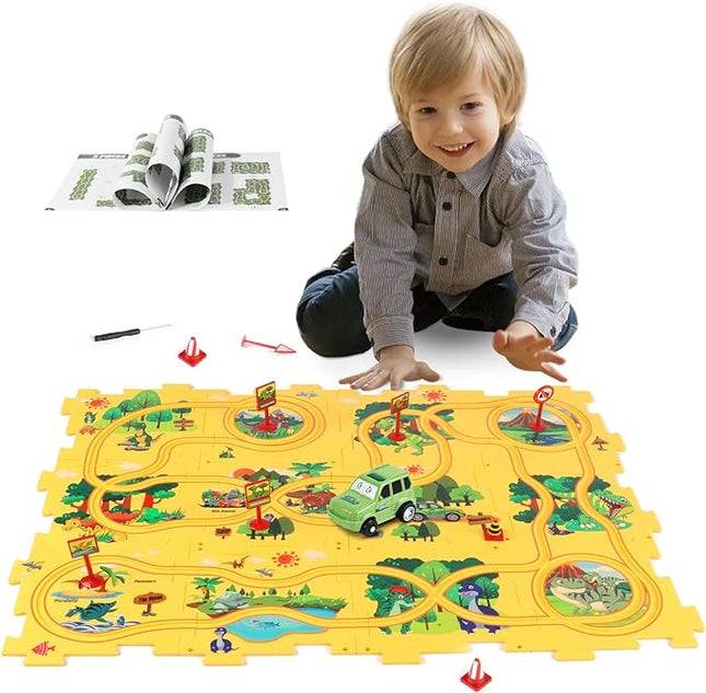 Plastic Dinosaur Puzzles for Kids with A Cute Car, Montessori Toys for 3 4 5 6 Year Old Boys, Race Tracks for Kids 3-5, Toddler Puzzle Track Play Set, Gifts for 3 4 5 6 Year Old Boys Toys