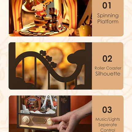 Rolife 3D Wooden Puzzles for Adults DIY Book Nook Kit 16" Ferris Wheel Music Box Model Building Set with LED Crafts for Adults Gifts for Girls Boys (Sunset Carnival)