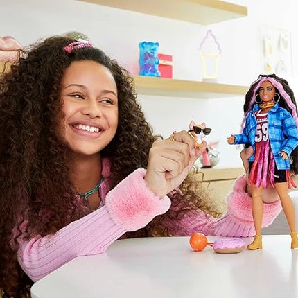 Barbie Extra Doll and Accessories with Pink-Streaked Crimped Hair in Jersey Dress with Pet Corgi