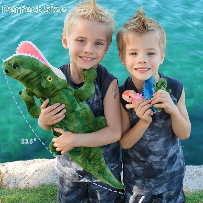 MorisMos Plush Alligator Stuffed Animal with Babies,23.6'' Mommy Stuffed Alligator with 3 Baby Crocodile Animals & 3 Plush Eggs,Lifelike Crocodile Toys for Kid 3-5 Birthday Decor
