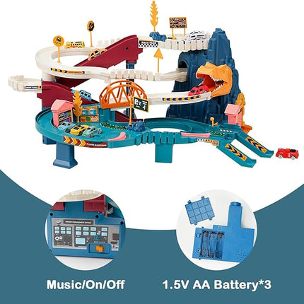 Toy Car Ramp Track, Climbing Hills Railcar Colorful Vehicles Construction Play Set with 12 Mini Racer Cars for Kids 3+(Dinosaur)