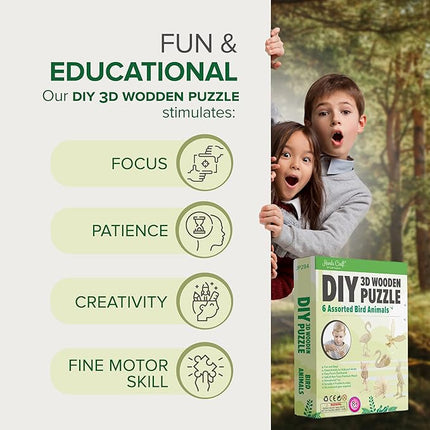 Hands Craft DIY 3D Wooden Puzzle – 6 Assorted Bird Animals Bundle Pack Set Brain Teaser Puzzles Educational STEM Toy Adults and Kids to Build Safe and Non-Toxic Easy Punch Out Premium Wood JP2B4