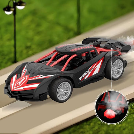 1/18 RC Car for Kids with Rechargeable Battery, LED Lights & Spray - Remote Control Car for Boys, Small RC Drift Cars for Ages 4-7 (Black & Red)