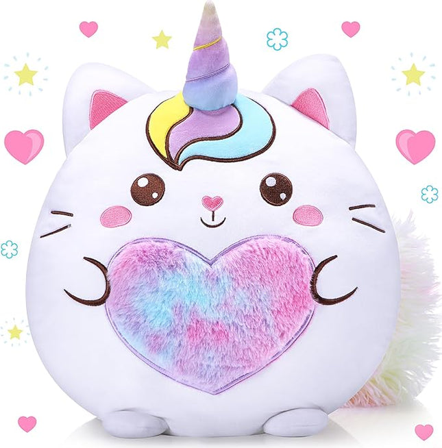 Leyndo Stuffed Unicorn Pillow Plush 14 Inch Cat Plush Toy Unicorn Cat Stuffed Animal Birthday Kitty Plushies Pillow for Christmas Birthday Kids Toddlers Girls Boys Room Sofa Car Decor(Cute)