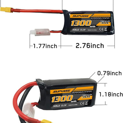 SUPULSE 11.1V 3S Lipo Battery 50C 1300mAh Soft Case Battery with T Plug and XT60 Plug for RC Airplane Helicopter RC Boat RC Car Truck(2 Packs)