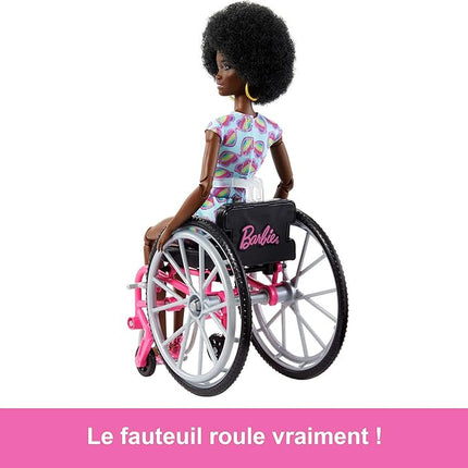 Barbie Doll with Wheelchair and Ramp, Kids Toys, Barbie Fashionistas, Curly Black Hair, Rainbow Heart Romper, Clothes and Accessories