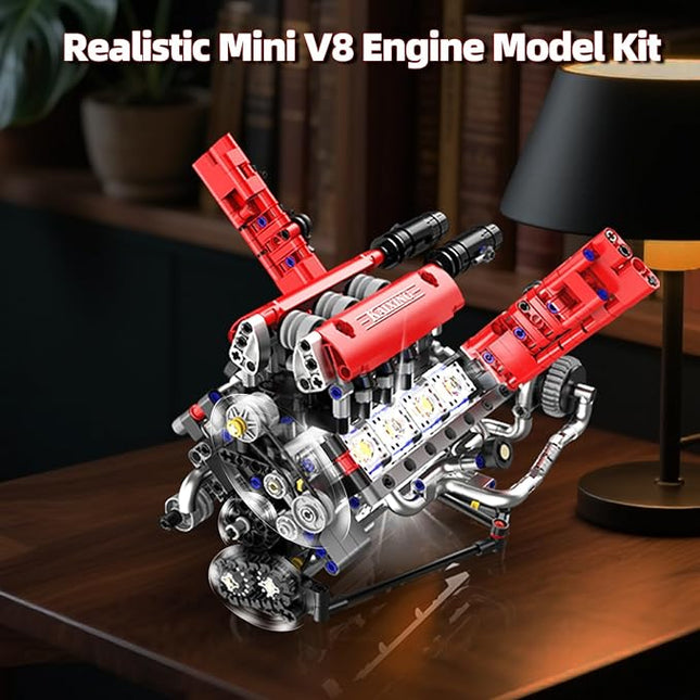 Mini V8 Engine Building Kit That Runs，Engine Building Blocks with LED Light for Adults,Engine Model Set Construction STEM Toy for Kids Boys (660 Pcs)