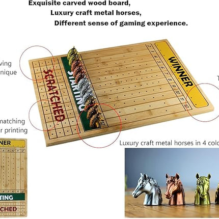Metal Horse Race Board Game Set with Horse Racing Thick & Solid Wood Game Board(16”/Natural),11 Luxurious with 4Antique(Gold,Silver,Red Cooper&Bronze) Metal Craft Horses, Dice&Cards (HR-M554)