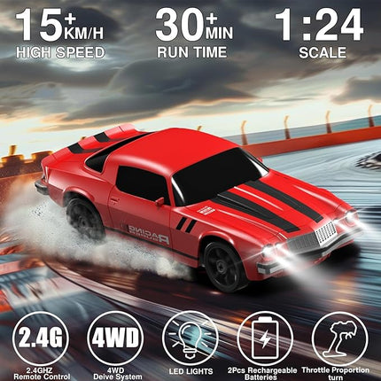 Remote Control Car RC Drift Car 2.4GHz 1:24 4WD 15KM/H High Speed Racing Sport Car with LED Lights Drifting Tire Racing Sport Toy for Adults Boys Girls Kids Gift 2Pcs Rechargeable Batteries