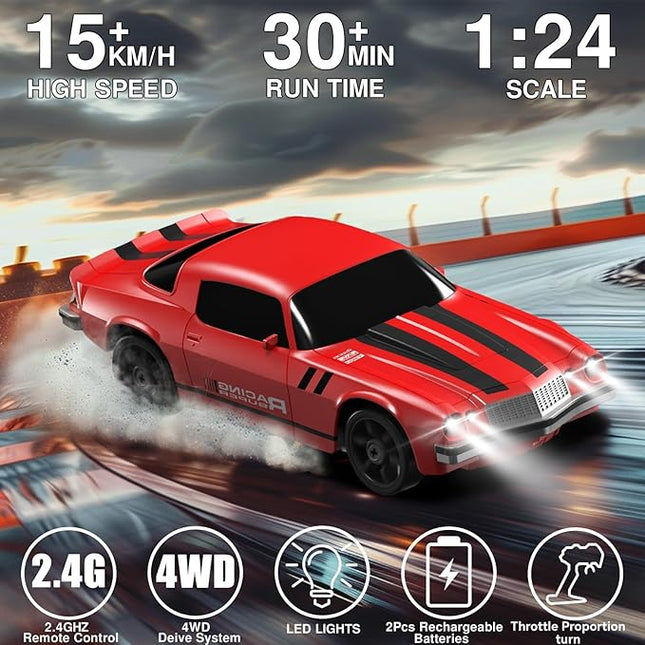 Remote Control Car RC Drift Car 2.4GHz 1:24 4WD 15KM/H High Speed Racing Sport Car with LED Lights Drifting Tire Racing Sport Toy for Adults Boys Girls Kids Gift 2Pcs Rechargeable Batteries